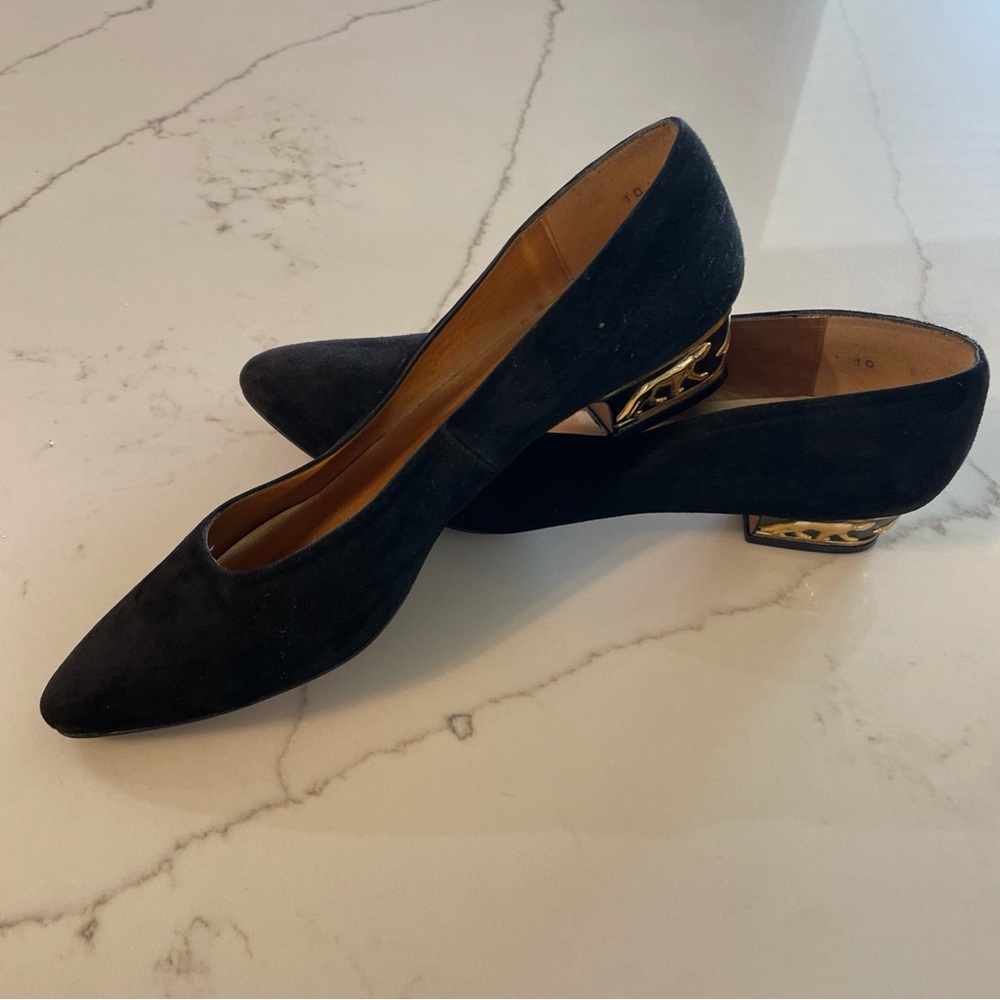 Black Suede Pointed Toe Heels with Gold Accent